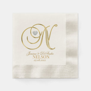Custom Monogram Letter N Gold Heart Wedding Napkin