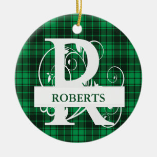 Custom Monogram Letter R Green Plaid Background Ceramic Ornament