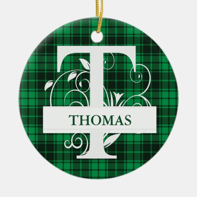 Custom Monogram Letter T Green Plaid Background Ceramic Ornament (Front)