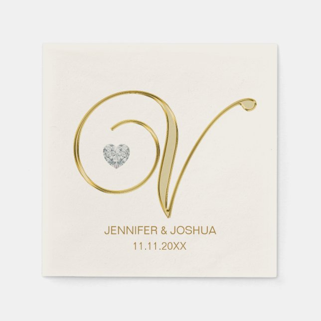 Custom Monogram Letter V Gold Heart Wedding Napkins (Front)