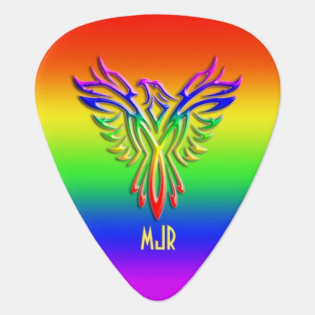 Custom monogram, LGBT Rainbow Pride Phoenix Rising Guitar Pick (Front)