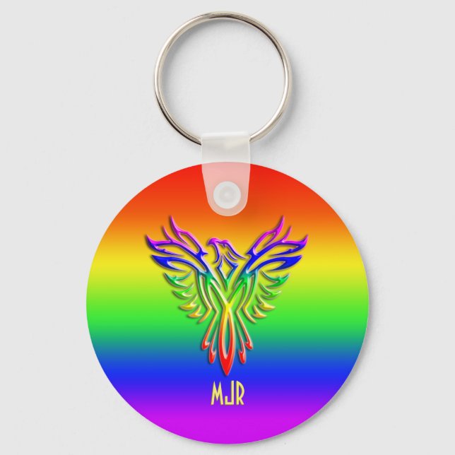 Custom monogram, LGBT Rainbow Pride Phoenix Rising Keychain (Front)