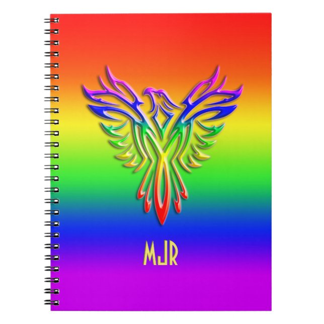 Custom monogram, LGBT Rainbow Pride Phoenix Rising Notebook (Front)