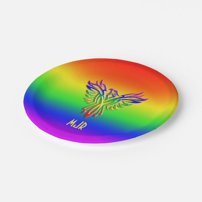 Custom monogram, LGBT Rainbow Pride Phoenix Rising Paper Plates (Angled)