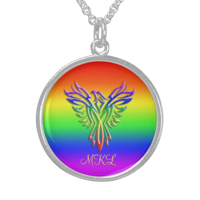 Custom monogram, LGBT Rainbow Pride Phoenix Rising Sterling Silver Necklace (Front)