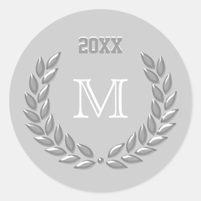  Custom Monogram Light Gray Laurel Wreath Classic Round Sticker (Front)