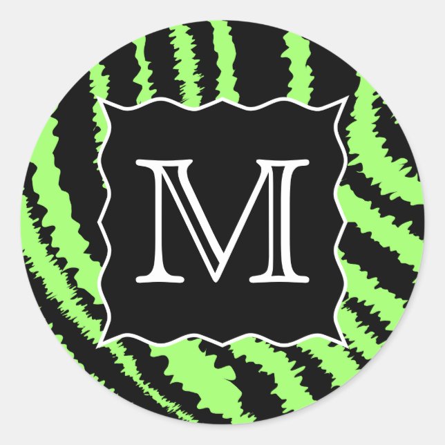Custom Monogram Lime Green and Black Zebra Pattern Classic Round Sticker (Front)