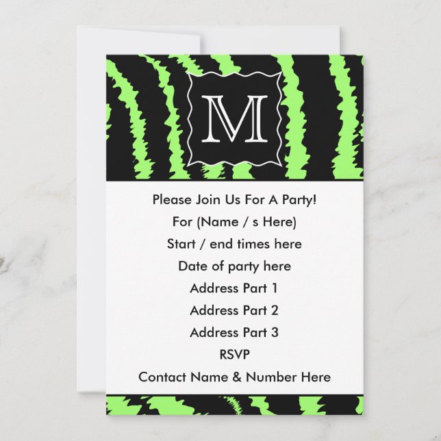 Custom Monogram Lime Green and Black Zebra Pattern Invitation (Front)