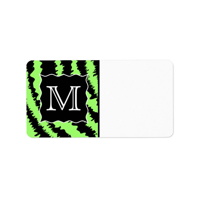 Custom Monogram Lime Green and Black Zebra Pattern Label (Front)