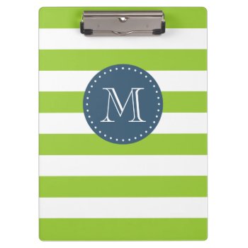 Custom Monogram Lime Green And Navy Bold Stripes Clipboard by cardeddesigns at Zazzle