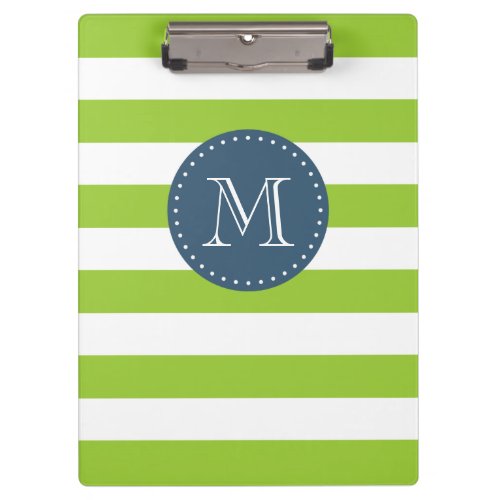 Custom Monogram Lime Green and Navy Bold Stripes Clipboard