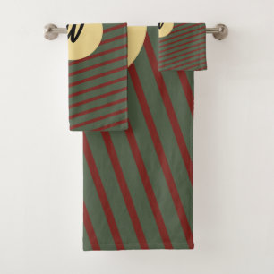 Custom Monogram Linen   Green & Burgundy Striped Bath Towel Set