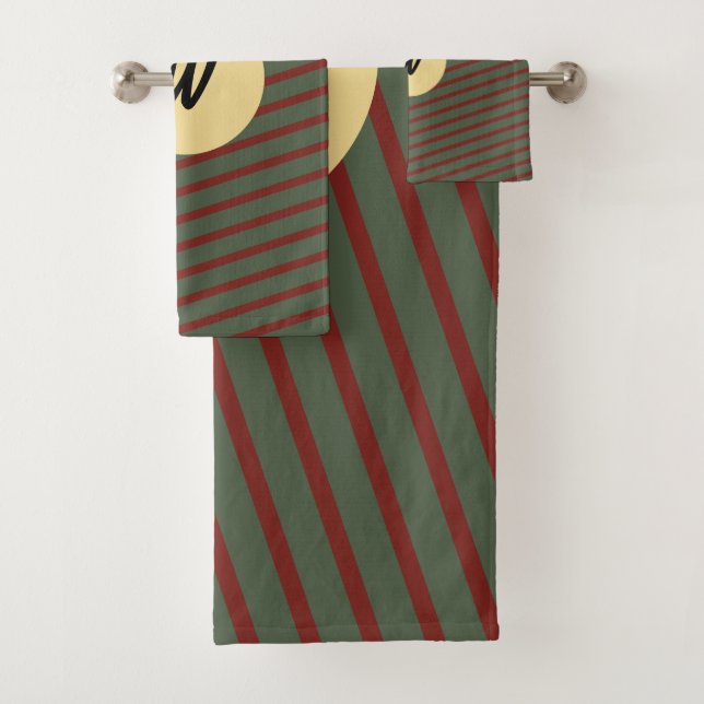 Custom Monogram Linen | Green & Burgundy Striped Bath Towel Set (Insitu)
