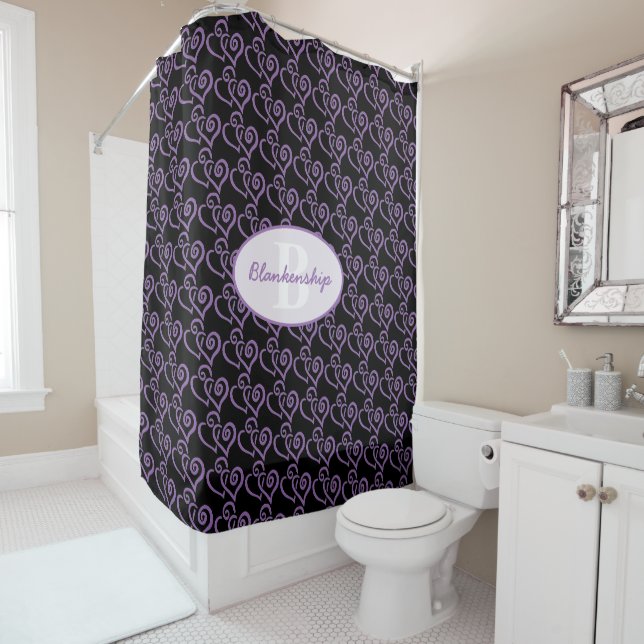 Custom Monogram Linked Purple Heart Pattern Shower Curtain (In Situ)