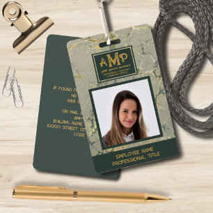 Custom Monogram Logo Gold Green Texture Employee Badge