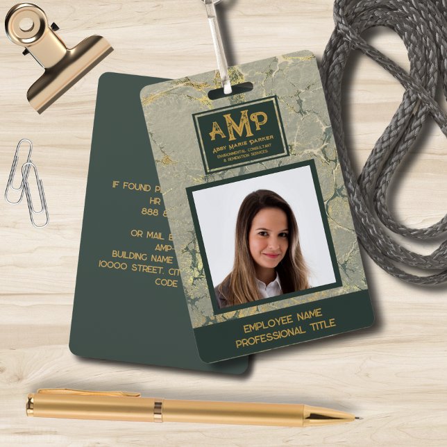 Custom Monogram Logo Gold Green Texture Employee Badge (Creator Uploaded)