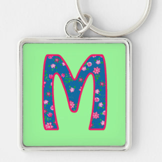 Custom Monogram M Keychain, Ditsy Floral Pattern Keychain