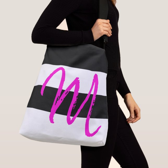 Custom Monogram M Striped Pattern Black White Pink Crossbody Bag (Close Up)