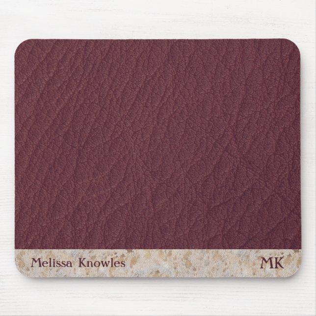 Custom Monogram Masculine Modern Burgundy Leather Mouse Pad (Front)