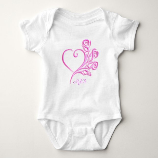 Custom monogram, Mauve Stylized Heart and Roses Baby Bodysuit (Front)
