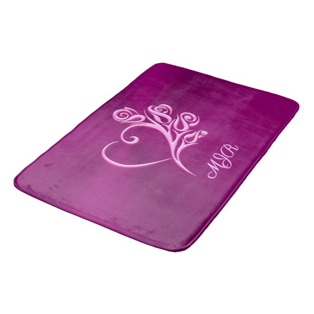 Custom monogram, Mauve Stylized Heart and Roses Bath Mat (Angled)