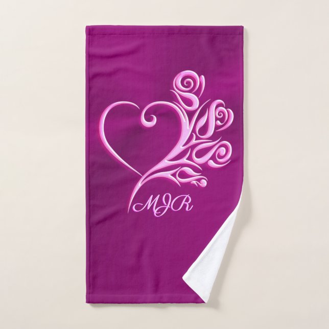 Custom monogram, Mauve Stylized Heart and Roses Bath Towel Set (Hand Towel)