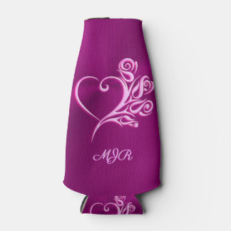Custom monogram, Mauve Stylized Heart and Roses Bottle Cooler