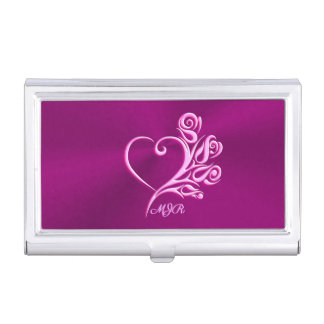 Custom monogram, Mauve Stylized Heart and Roses Business Card Case