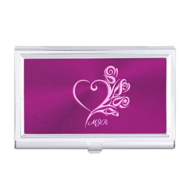Custom monogram, Mauve Stylized Heart and Roses Business Card Case (Front)
