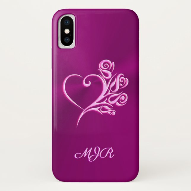 Custom monogram, Mauve Stylized Heart and Roses Case-Mate iPhone Case (Back)