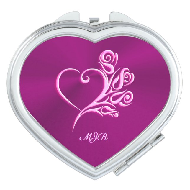 Custom monogram, Mauve Stylized Heart and Roses Compact Mirror (Front)