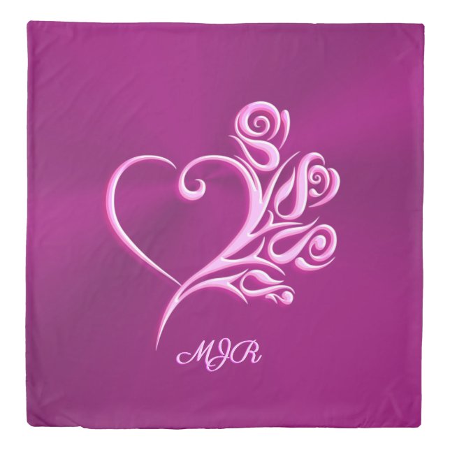 Custom monogram, Mauve Stylized Heart and Roses Duvet Cover (Front)