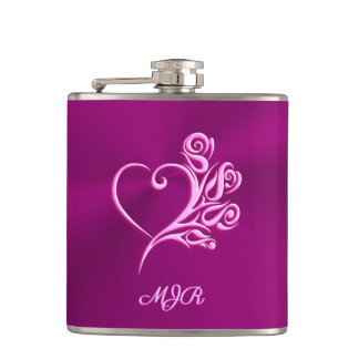 Custom monogram, Mauve Stylized Heart and Roses Flask