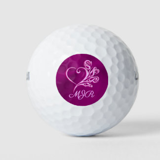 Custom monogram, Mauve Stylized Heart and Roses Golf Balls