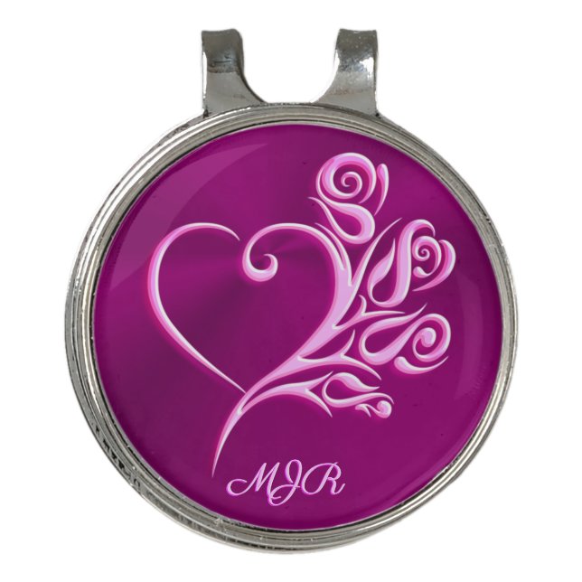 Custom monogram, Mauve Stylized Heart and Roses Golf Hat Clip (Front)
