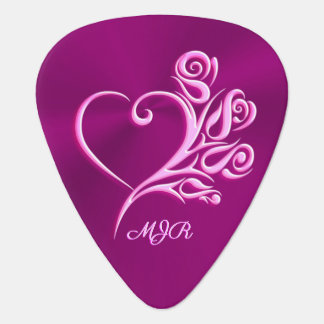 Custom monogram, Mauve Stylized Heart and Roses Guitar Pick