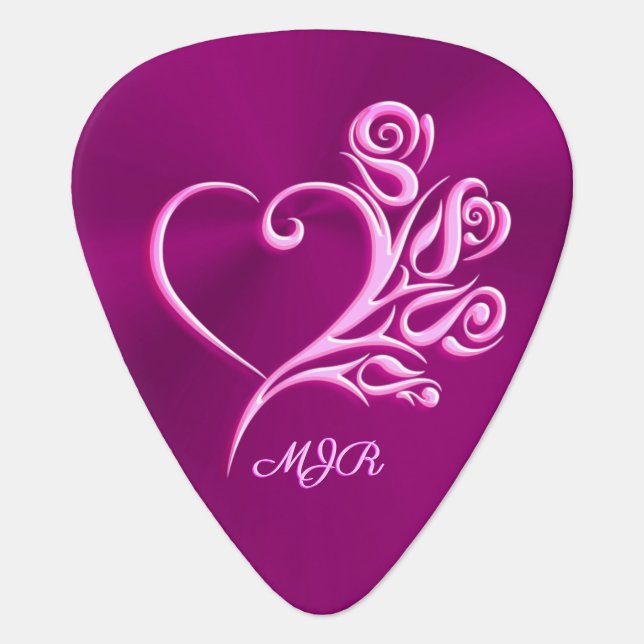 Custom monogram, Mauve Stylized Heart and Roses Guitar Pick (Front)