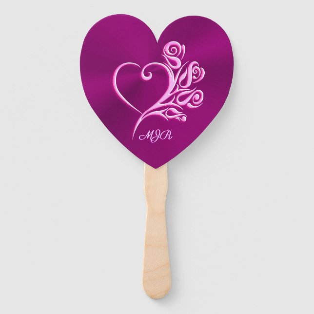 Custom monogram, Mauve Stylized Heart and Roses Hand Fan (Front)