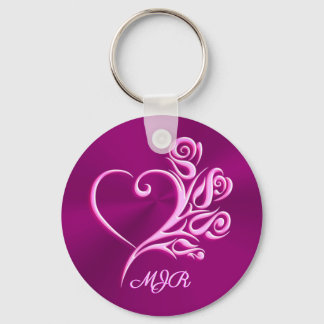 Custom monogram, Mauve Stylized Heart and Roses Keychain