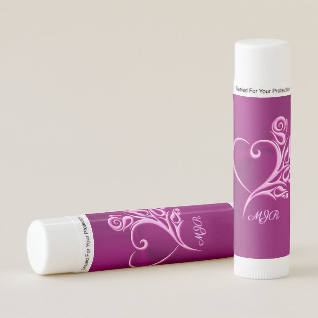 Custom monogram, Mauve Stylized Heart and Roses Lip Balm (Front)