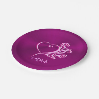 Custom monogram, Mauve Stylized Heart and Roses Paper Plates