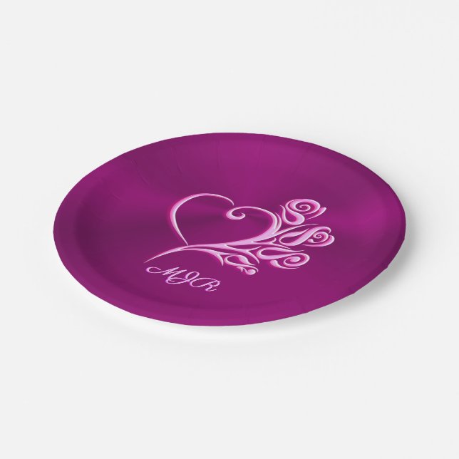 Custom monogram, Mauve Stylized Heart and Roses Paper Plates (Angled)
