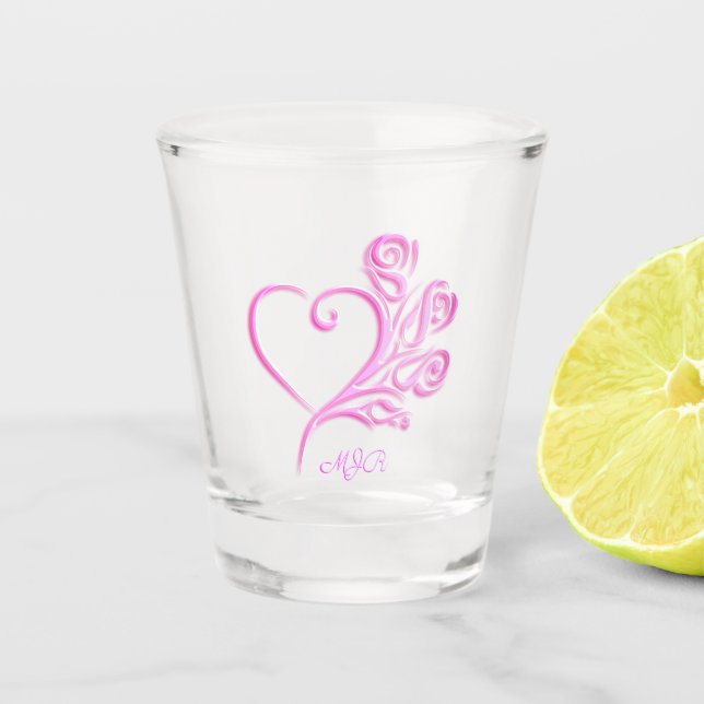 Custom monogram, Mauve Stylized Heart and Roses Shot Glass (Front)