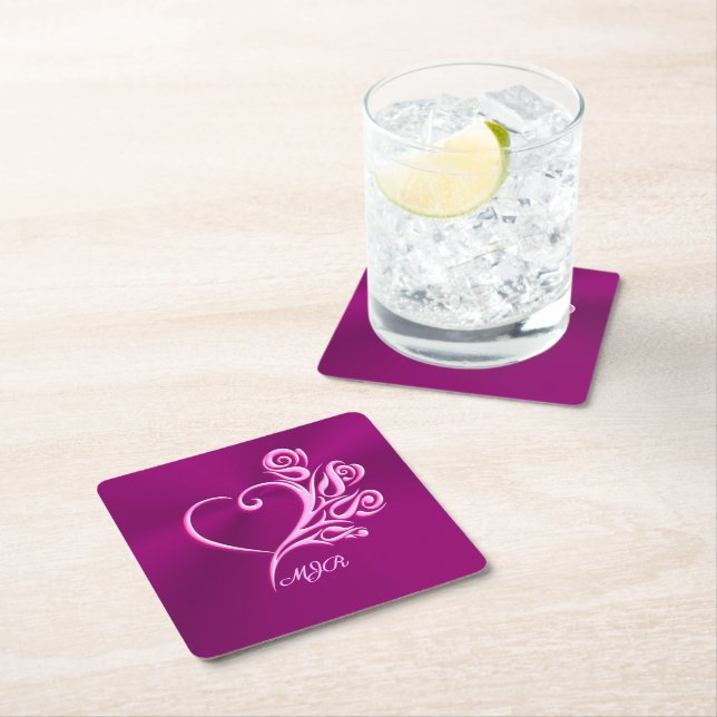 Custom monogram, Mauve Stylized Heart and Roses Square Paper Coaster (Insitu)