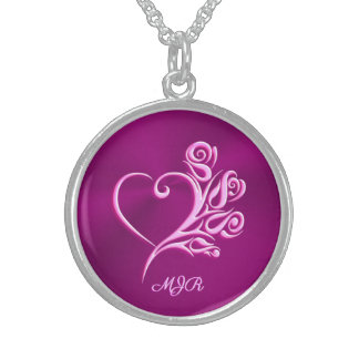 Custom monogram, Mauve Stylized Heart and Roses Sterling Silver Necklace