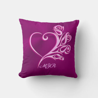 Custom monogram, Mauve Stylized Heart and Roses Throw Pillow