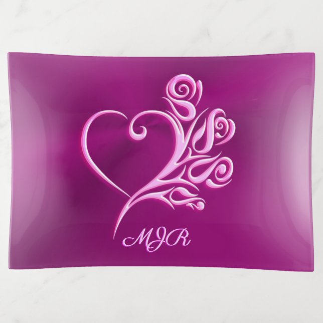 Custom monogram, Mauve Stylized Heart and Roses Trinket Tray (Front)