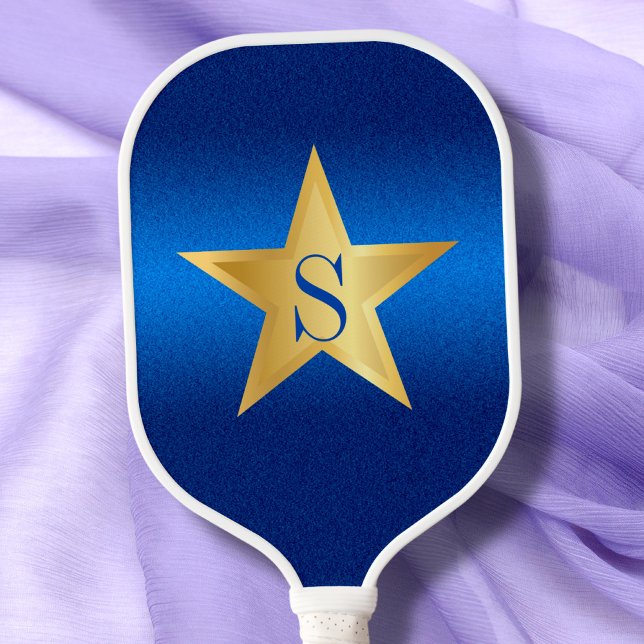 Custom Monogram Metallic Gold Star Navy Blue Pickleball Paddle (Creator Uploaded)