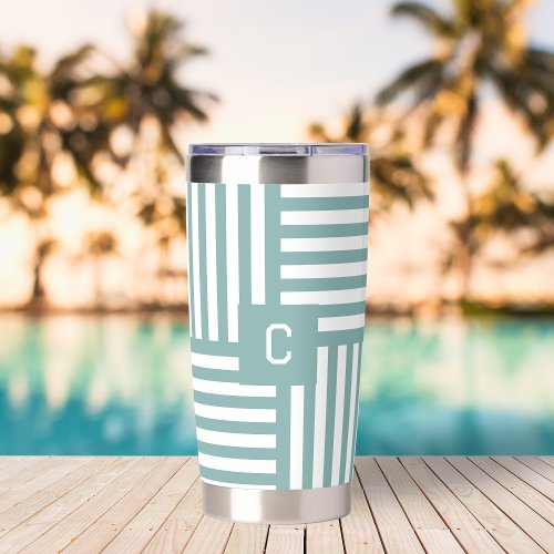 Custom Monogram Mint Stripes Travel Coffee Tumbler