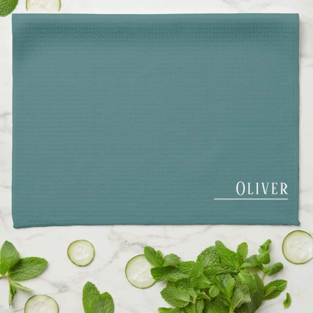 Custom monogram, modern aqua green kitchen towel (Folded)